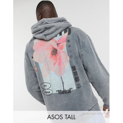 DESIGN Tall oversized hoodie in heavy acid wash with Tokyo flower back print  