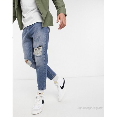 Pull&Bear relaxed fit jean in mid blue with rips  