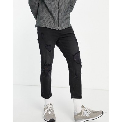  DESIGN tapered jeans in washed black with heavy rips  
