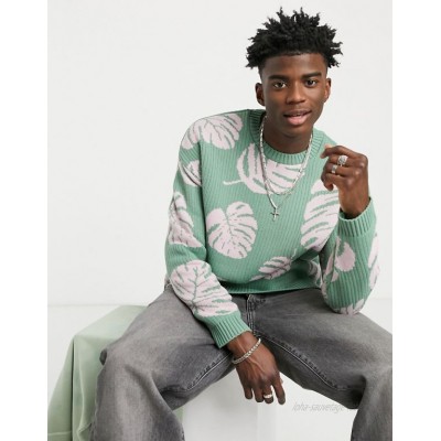  DESIGN oversized textured sweater with monstera leaf design in sage green  