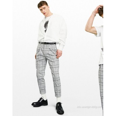  DESIGN tapered wool mix smart pants in gray check with turn up  