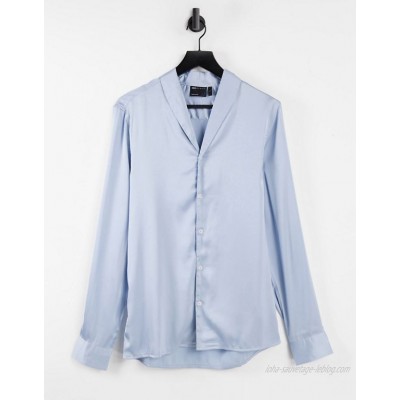  DESIGN regular satin shirt with shawl neck in blue  